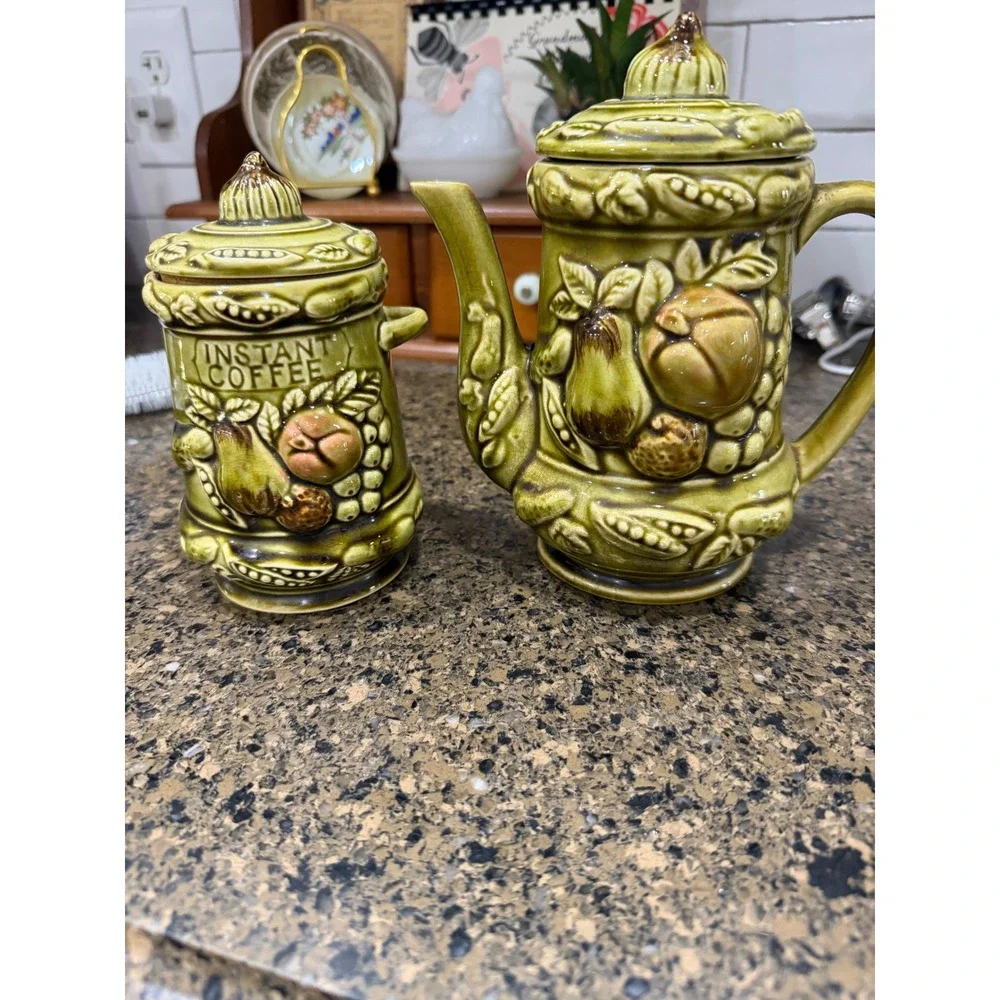 Vintage Japan Green Fruit Majolica Teapot and Instant Coffee Canister Set